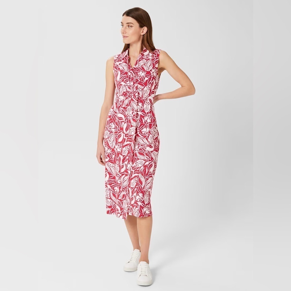 Hobbs London Nadia Jersey Dress Sleeveless Collared Red White Tropical P…